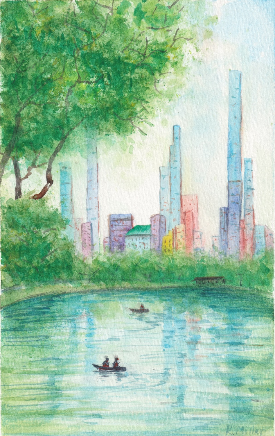 A serene watercolor painting of a Central Park lake view in New York City.