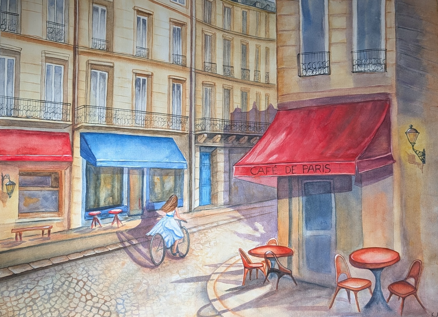 A charming watercolor of a Parisian street scene featuring classic architecture.