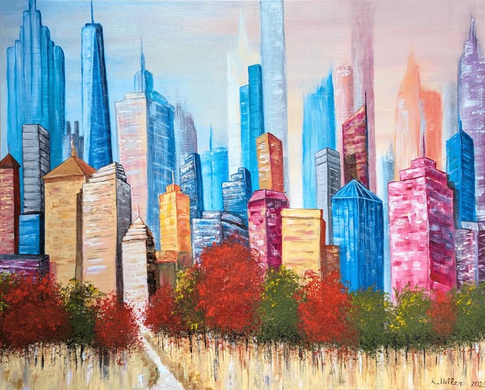 Vibrant New York City skyline watercolor painting; modern NYC cityscape art featuring colorful skyscrapers in blue, pink, and gold with autumn trees in the foreground.
