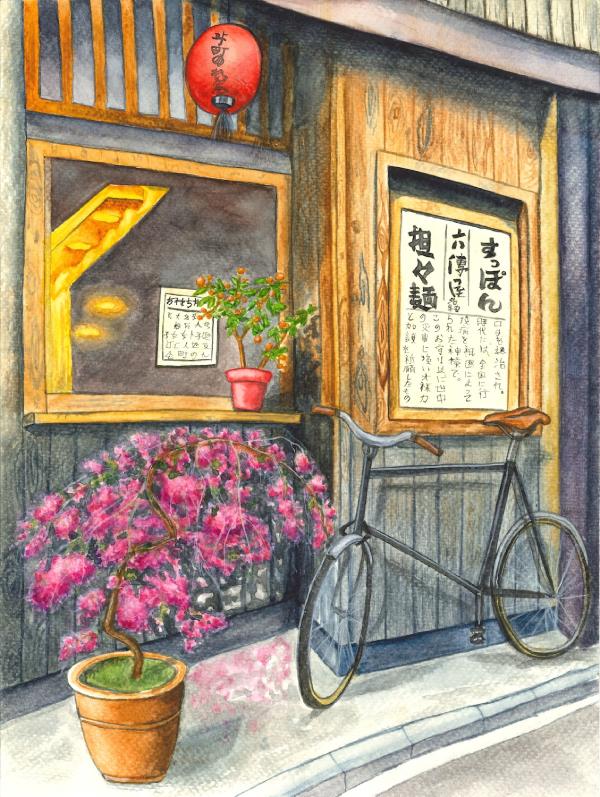 A quiet watercolor depiction of a traditional Japanese street corner in Kyoto.