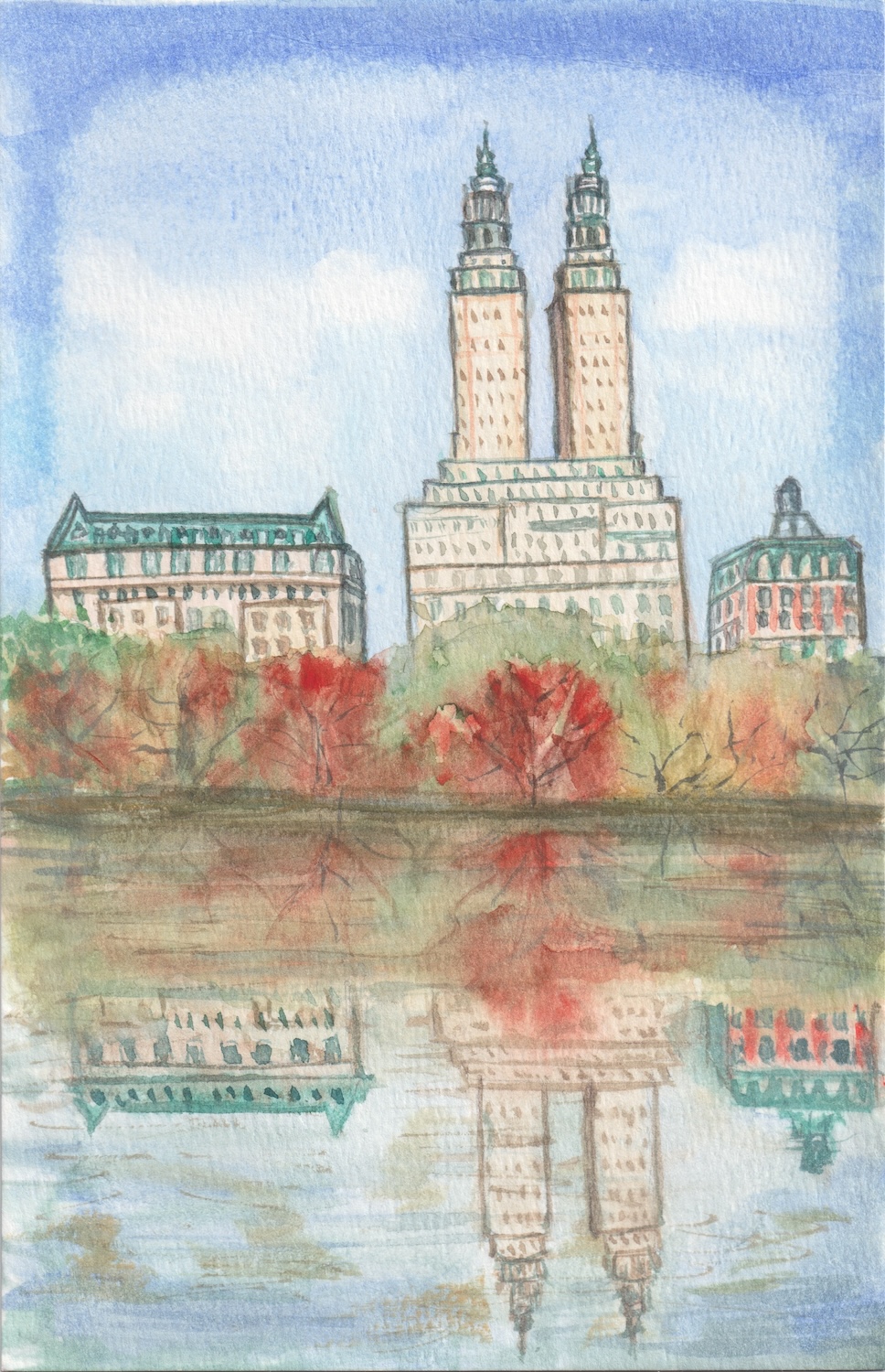 An atmospheric watercolor of the San Remo towers with autumn reflections.