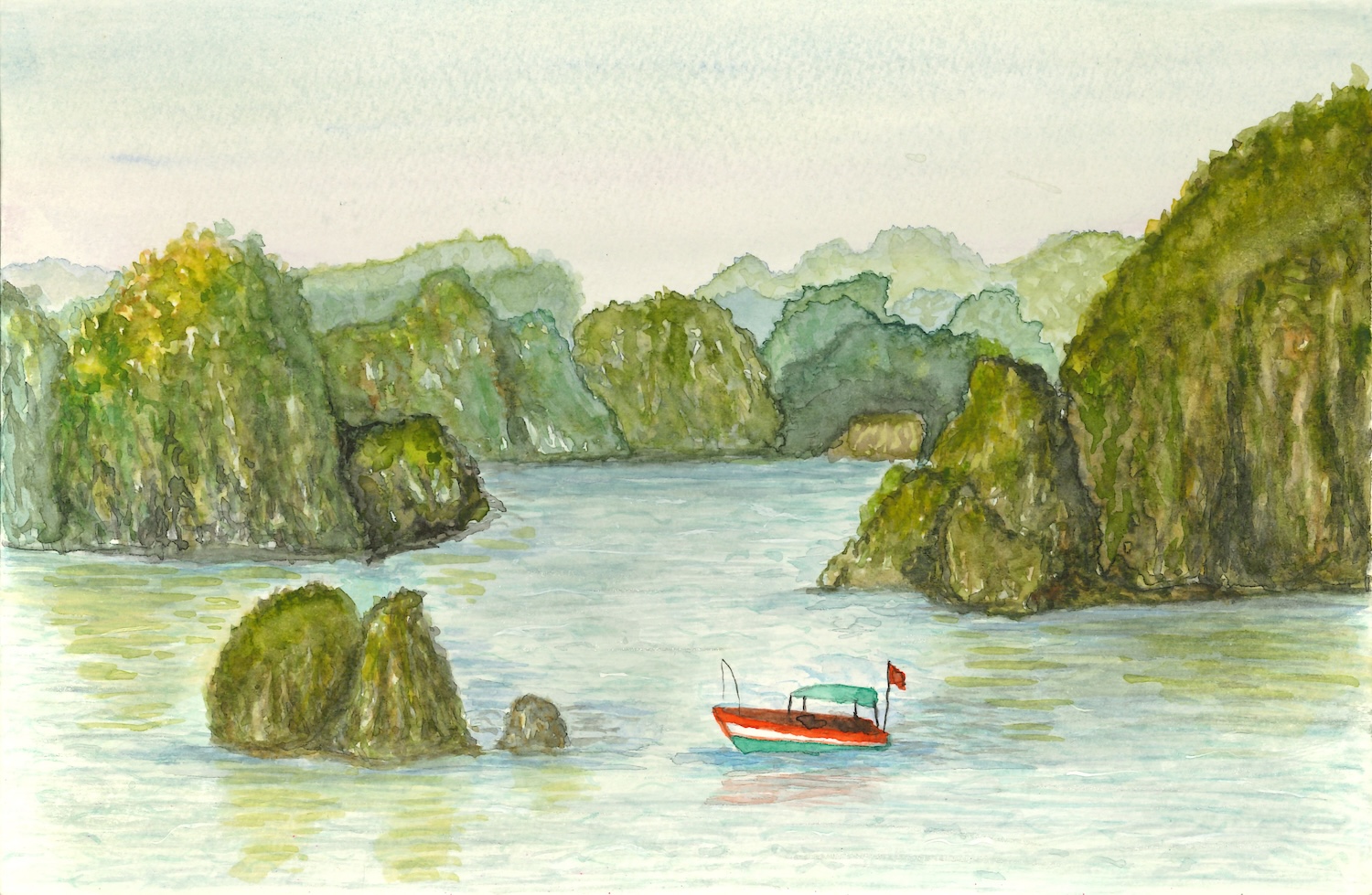 A serene watercolor painting of a boat in Mountainous Ha Long Bay.