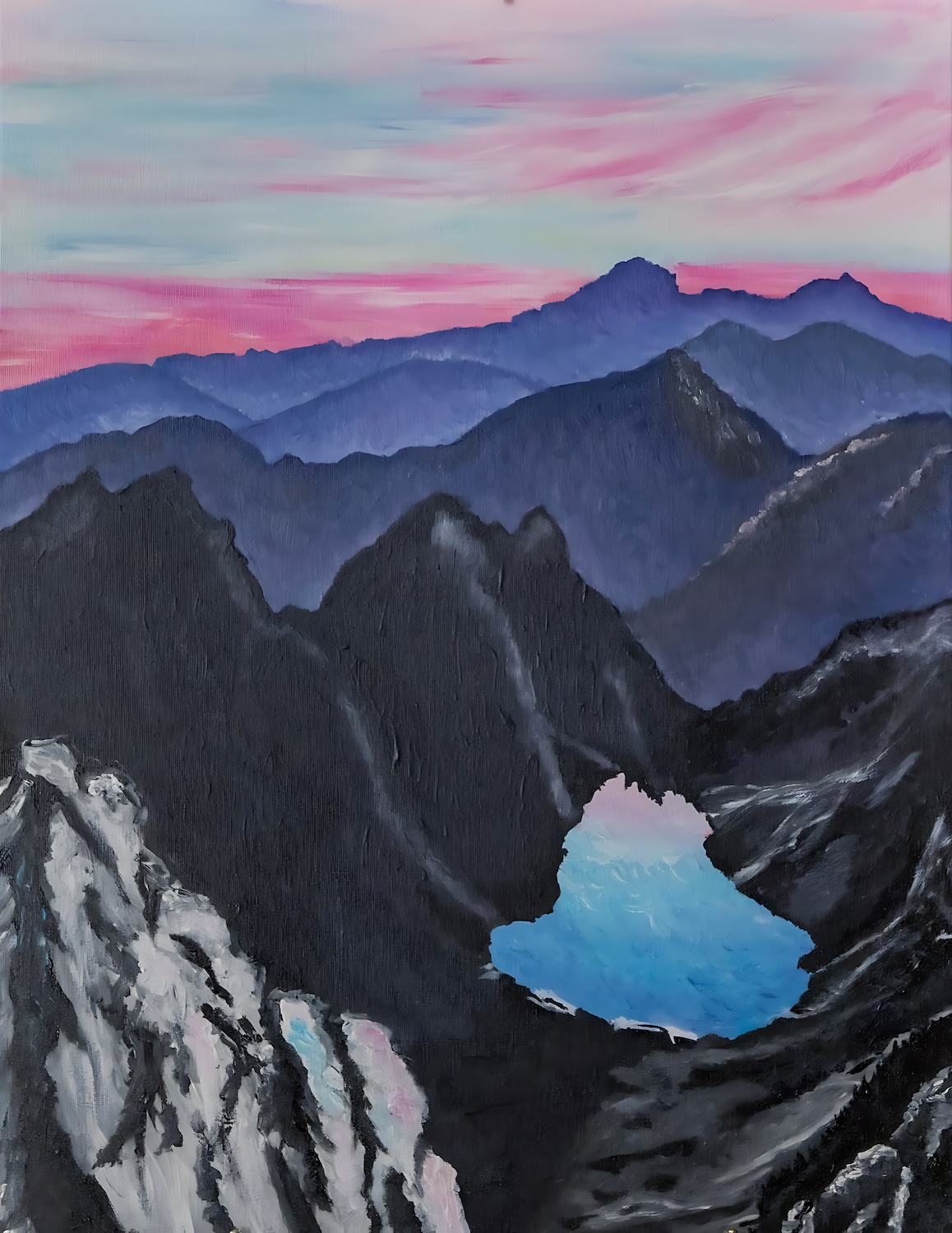 A majestic watercolor landscape of a serene mountain range at dawn.