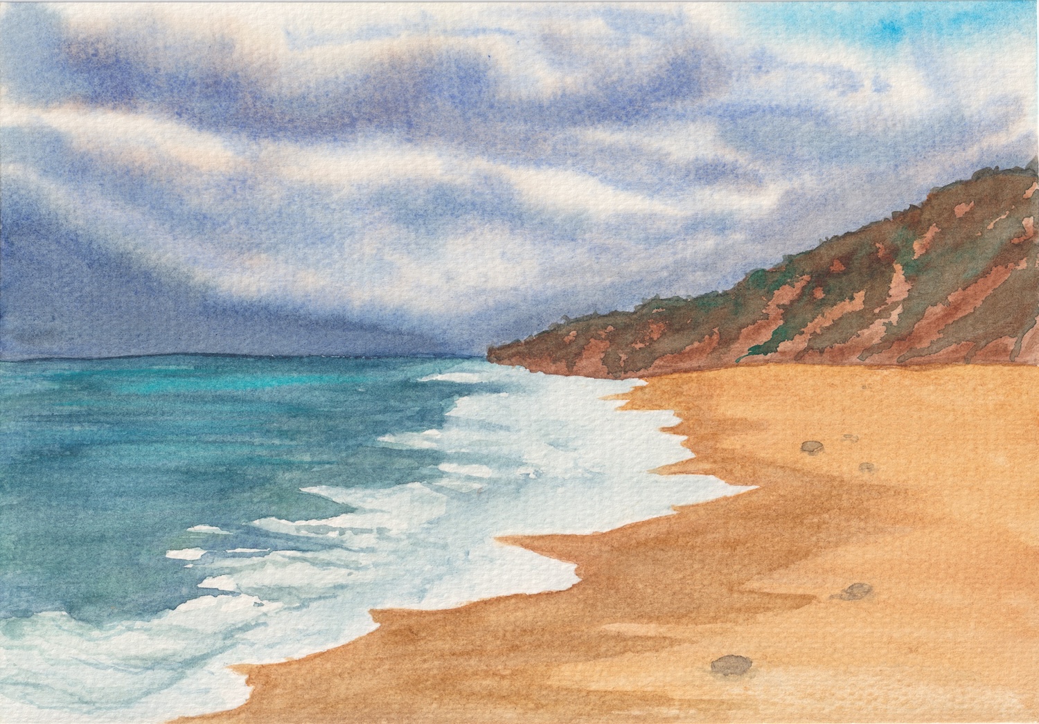 Original California coast watercolor painting; tranquil beach landscape featuring turquoise ocean waves, a sandy shoreline, and a coastal hillside under a cloudy sky.