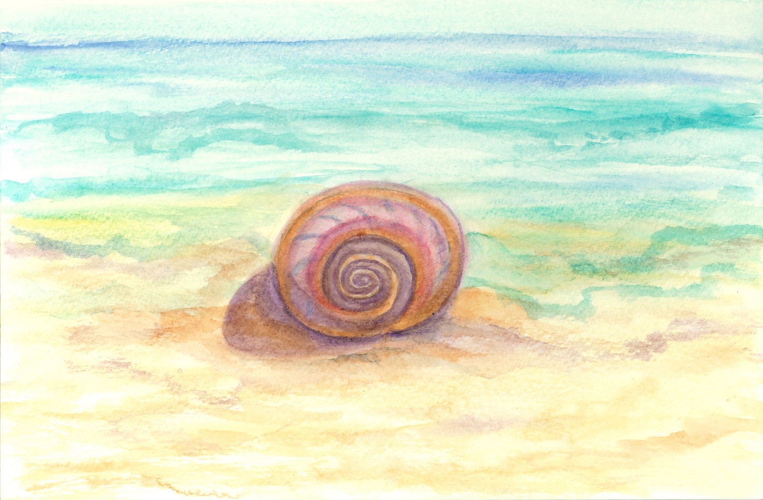 Detailed watercolor painting of a spiral seashell on a sunlit sandy beach