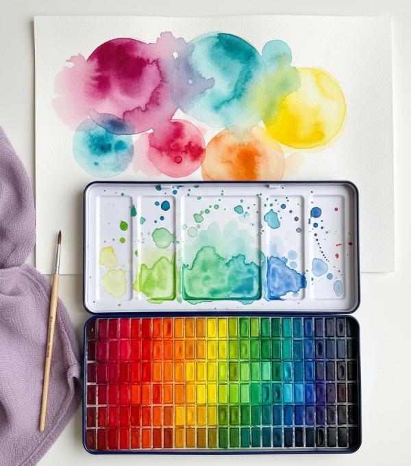 atercolor paint palette in Katherine Miller's NYC art studio.