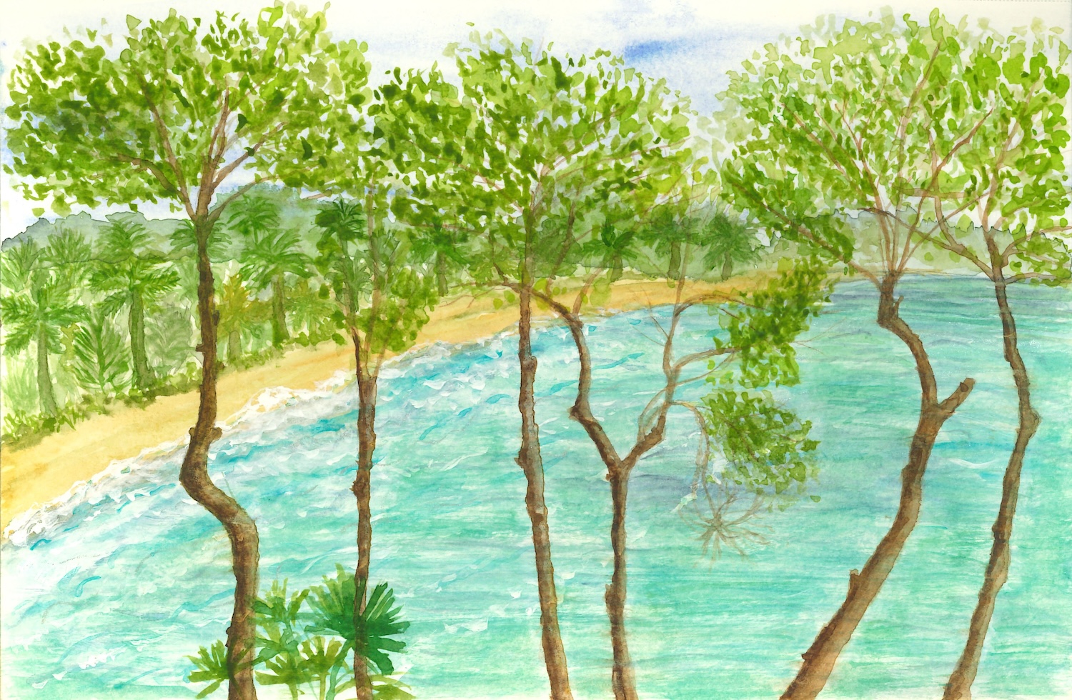 A peaceful watercolor of a serene coastal landscape featuring lush trees.